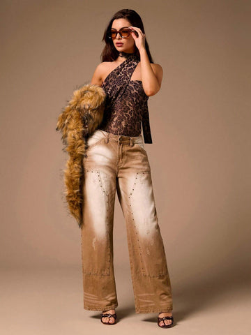 Glamine Sheer Leopard Print V-Neck Romper With Scarf For Women