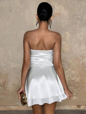 Glamine White Ruched Pleated Strapless Sexy Christmas Dress For Women