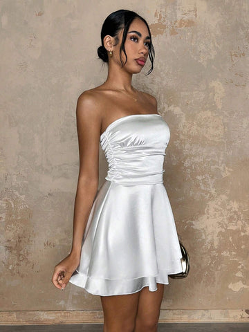 Glamine White Ruched Pleated Strapless Sexy Christmas Dress For Women