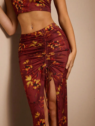 Glamine Women 2-Piece Outfit, Printed Minimalist Casual Daily Wear V-Neck Sleeveless Top & High-Slit Fitted Skirt