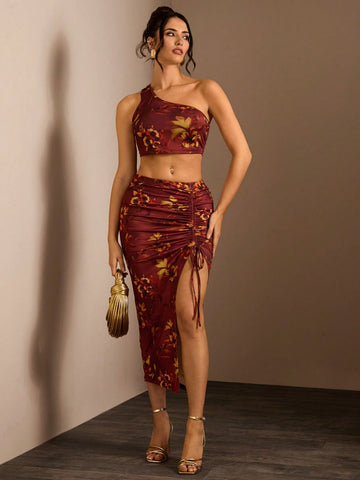 Glamine Women 2-Piece Outfit, Printed Minimalist Casual Daily Wear V-Neck Sleeveless Top & High-Slit Fitted Skirt