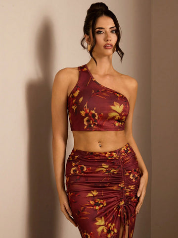 Glamine Women 2-Piece Outfit, Printed Minimalist Casual Daily Wear V-Neck Sleeveless Top & High-Slit Fitted Skirt