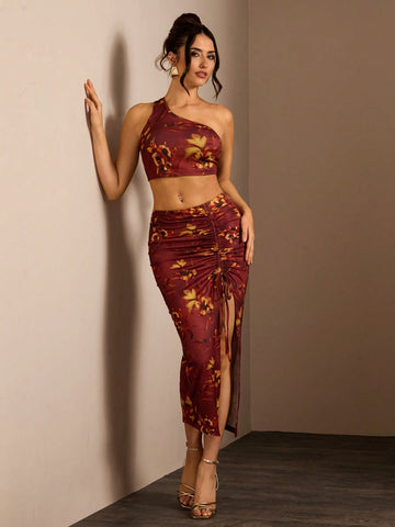 Glamine Women 2-Piece Outfit, Printed Minimalist Casual Daily Wear V-Neck Sleeveless Top & High-Slit Fitted Skirt