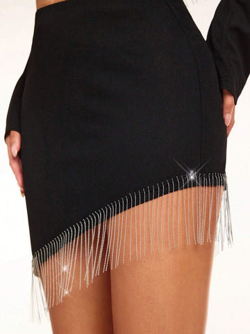 Glamine Women Minimalist Asymmetrical Asymmetric Tassel Decor Hem Skirt