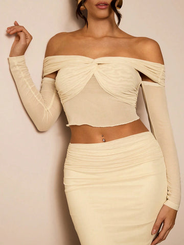 Glamine Women Off-Shoulder Long Sleeve Cropped Top And Maxi Skirt Elegant 2-Piece Set