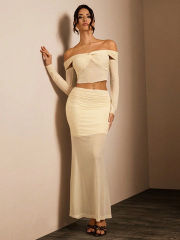 Glamine Women Off-Shoulder Long Sleeve Cropped Top And Maxi Skirt Elegant 2-Piece Set