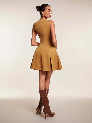 Glamine Women Sleeveless Woven V-Neck Belted Pleated Dress