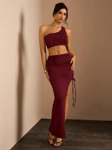 Glamine Women Solid Color Asymmetric Shoulder Sleeveless Crop Top And Mini Skirt Set