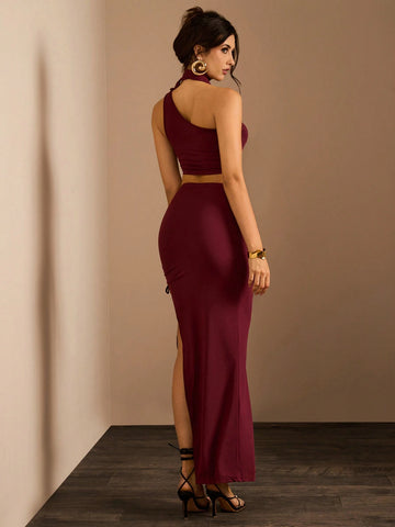 Glamine Women Solid Color Asymmetric Shoulder Sleeveless Crop Top And Mini Skirt Set