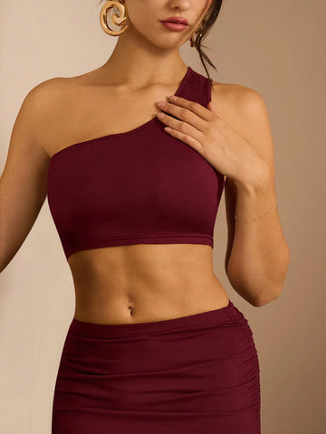 Glamine Women Solid Color Asymmetric Shoulder Sleeveless Crop Top And Mini Skirt Set