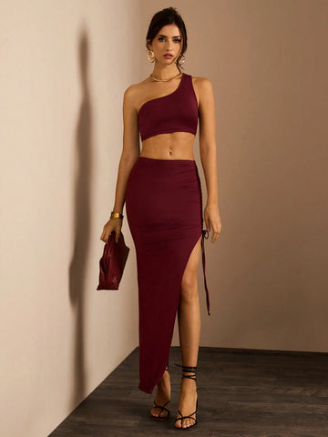 Glamine Women Solid Color Asymmetric Shoulder Sleeveless Crop Top And Mini Skirt Set