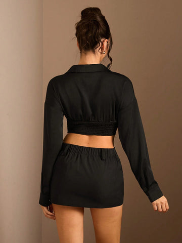 Glamine Women's Elegant Solid Satin Waist-Cinched Cropped Shirt,