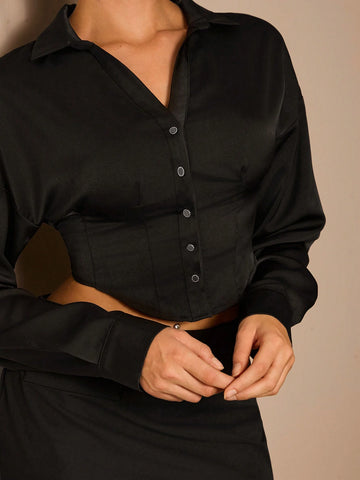 Glamine Women's Elegant Solid Satin Waist-Cinched Cropped Shirt,