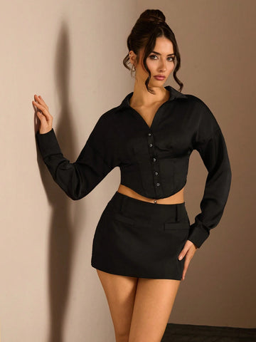 Glamine Women's Elegant Solid Satin Waist-Cinched Cropped Shirt,