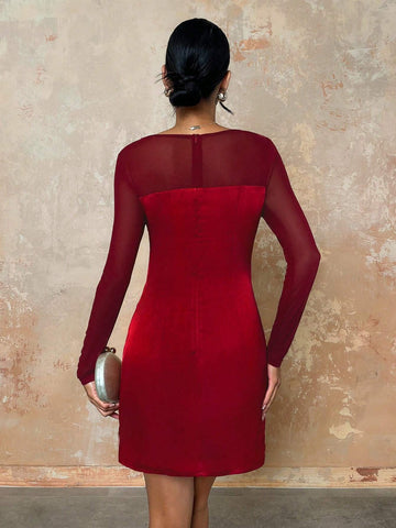 Glamine Women's Fashion Commuter Mesh Patchwork Elegant Slim A-Line Mini Red Dress