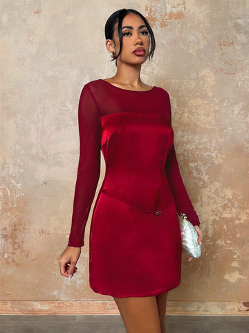 Glamine Women's Fashion Commuter Mesh Patchwork Elegant Slim A-Line Mini Red Dress