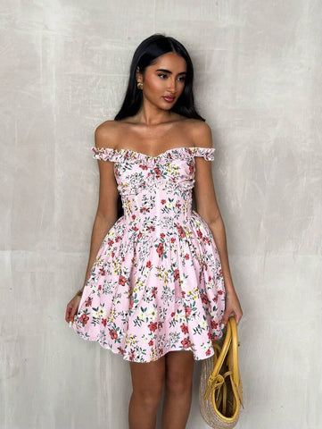 Glamine Women's Fashion Off Shoulder Floral Print Flutter Hem Short Dress, Suitable For Vacation
