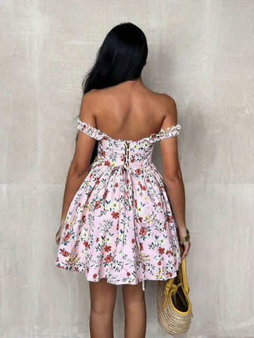 Glamine Women's Fashion Off Shoulder Floral Print Flutter Hem Short Dress, Suitable For Vacation