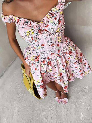 Glamine Women's Fashion Off Shoulder Floral Print Flutter Hem Short Dress, Suitable For Vacation