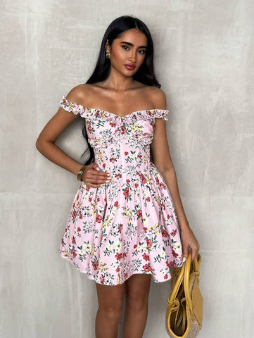 Glamine Women's Fashion Off Shoulder Floral Print Flutter Hem Short Dress, Suitable For Vacation