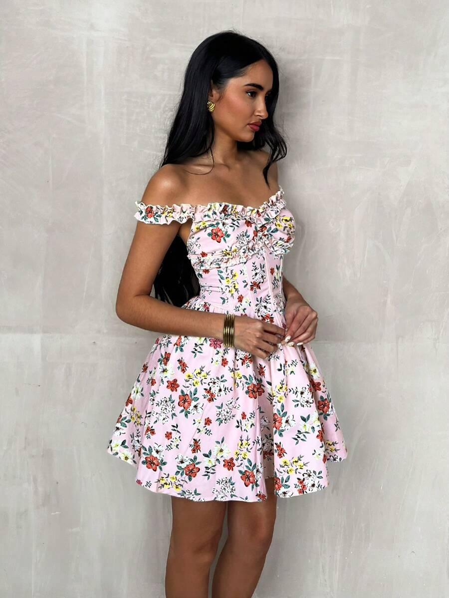 Glamine Women's Fashion Off Shoulder Floral Print Flutter Hem Short Dress, Suitable For Vacation