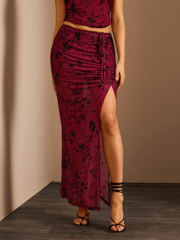 Glamine Women's Floral Print Side Drawstring Slit Hem Skirt, Elegant