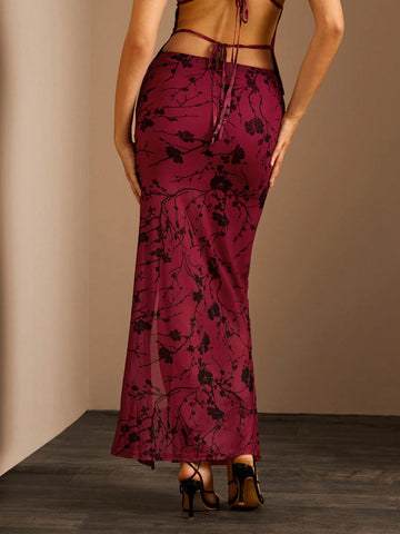 Glamine Women's Floral Print Side Drawstring Slit Hem Skirt, Elegant