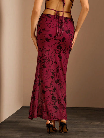 Glamine Women's Floral Print Side Drawstring Slit Hem Skirt, Elegant