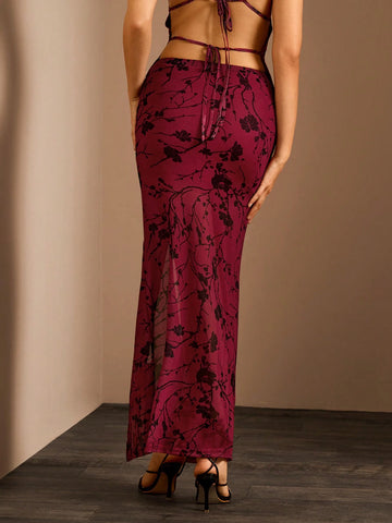 Glamine Women's Floral Print Side Drawstring Slit Hem Skirt, Elegant