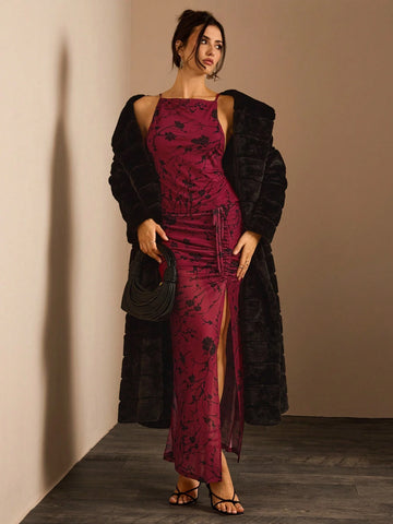 Glamine Women's Floral Print Side Drawstring Slit Hem Skirt, Elegant