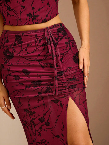 Glamine Women's Floral Print Side Drawstring Slit Hem Skirt, Elegant