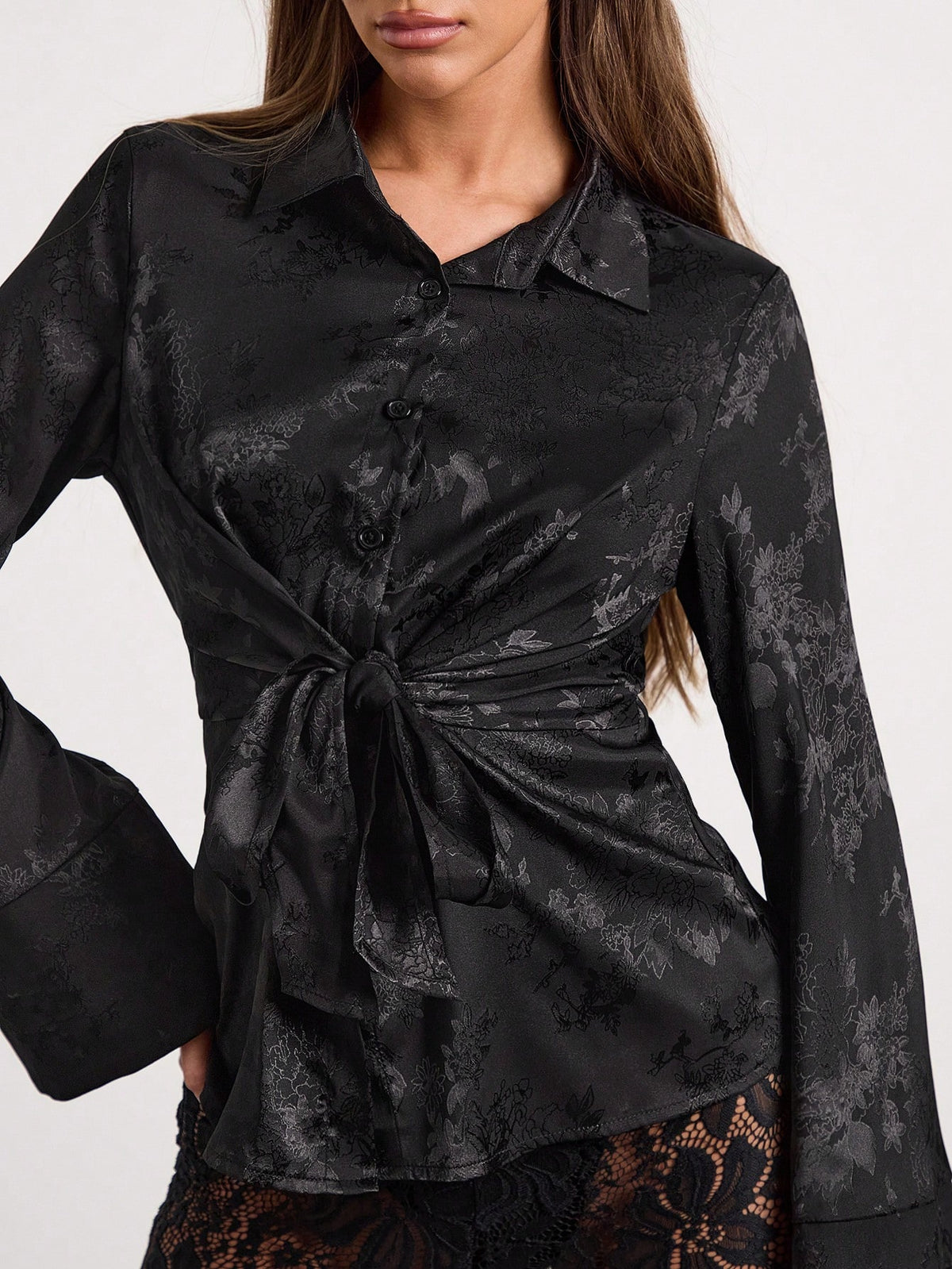 Women's Lapel Long Sleeve Casual Twist Strap Jacquard Elegant Shirt, Women's New Year Date Party Dress