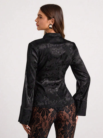 Women's Lapel Long Sleeve Casual Twist Strap Jacquard Elegant Shirt, Women's New Year Date Party Dress