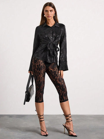 Women's Lapel Long Sleeve Casual Twist Strap Jacquard Elegant Shirt, Women's New Year Date Party Dress