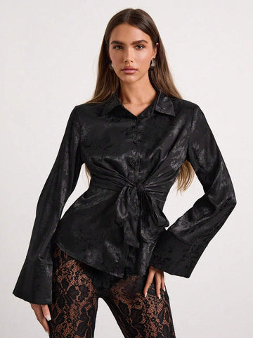 Women's Lapel Long Sleeve Casual Twist Strap Jacquard Elegant Shirt, Women's New Year Date Party Dress