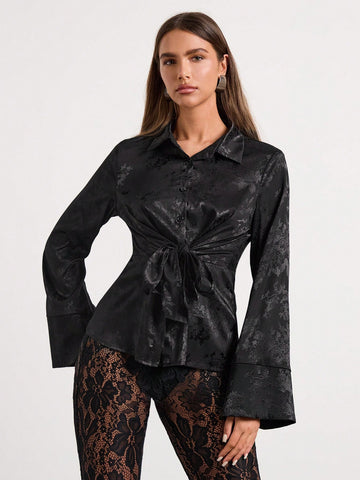 Women's Lapel Long Sleeve Casual Twist Strap Jacquard Elegant Shirt, Women's New Year Date Party Dress