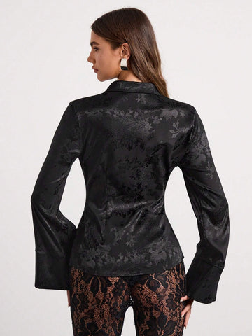 Women's Lapel Long Sleeve Casual Twist Strap Jacquard Elegant Shirt, Women's New Year Date Party Dress