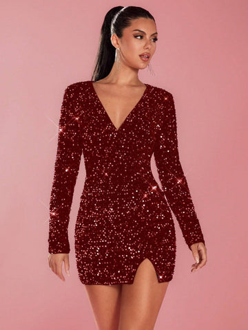 Glamine Women's Long Sleeve Side Slit Hem Glittery Deep V Neck Mini Dress