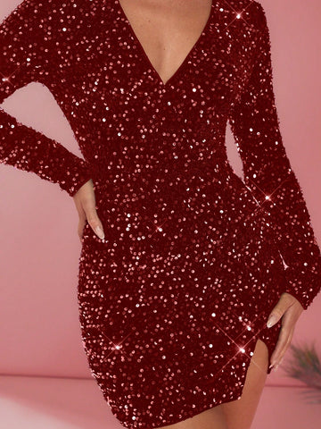 Glamine Women's Long Sleeve Side Slit Hem Glittery Deep V Neck Mini Dress