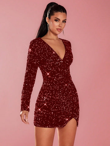Glamine Women's Long Sleeve Side Slit Hem Glittery Deep V Neck Mini Dress