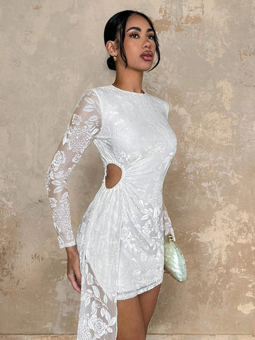 Glamine Women's Mesh Flocked Waist Hollow Out Fitted Flare Dress