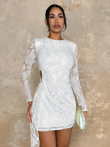 Glamine Women's Mesh Flocked Waist Hollow Out Fitted Flare Dress