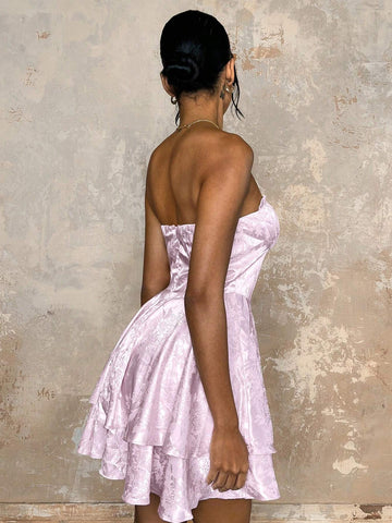 Glamine Women's Pink Jacquard Fabric Bustier Double Ruffle Hem Charming Dress