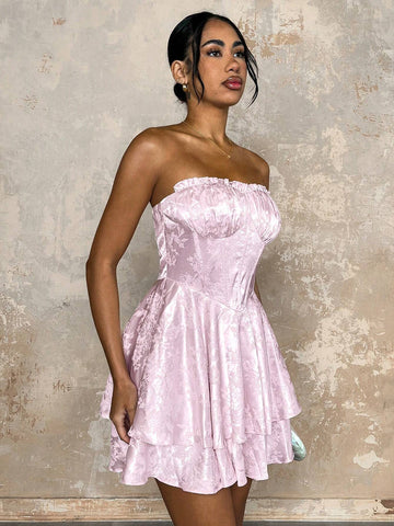 Glamine Women's Pink Jacquard Fabric Bustier Double Ruffle Hem Charming Dress