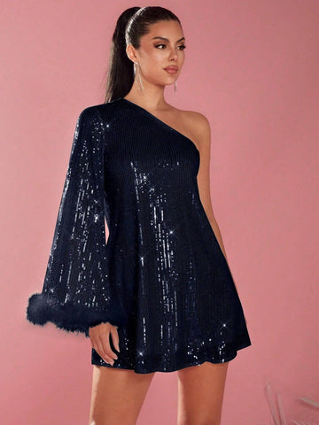 Glamine Women's Plain Sequin One Shoulder Bell Sleeve Loose Glamorous Fashion Short Dress