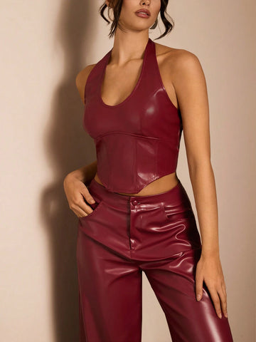 Glamine Women's Plain Sleeveless Top & Long Pants Casual Leather Suit For New Year Clothes