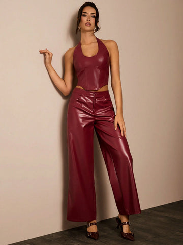 Glamine Women's Plain Sleeveless Top & Long Pants Casual Leather Suit For New Year Clothes