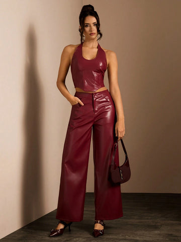 Glamine Women's Plain Sleeveless Top & Long Pants Casual Leather Suit For New Year Clothes