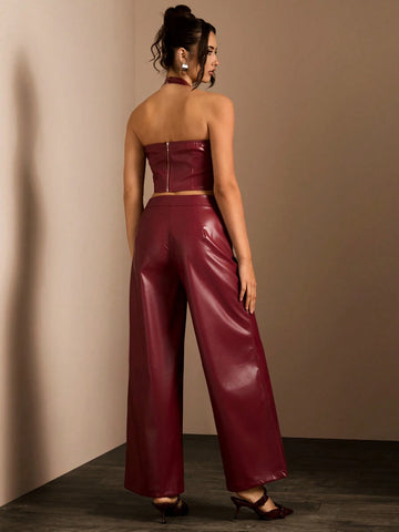 Glamine Women's Plain Sleeveless Top & Long Pants Casual Leather Suit For New Year Clothes