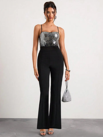 Glamine Women's Sequined Patchwork Waist-Baring Elegant Sexy Jumpsuit New Year's Party